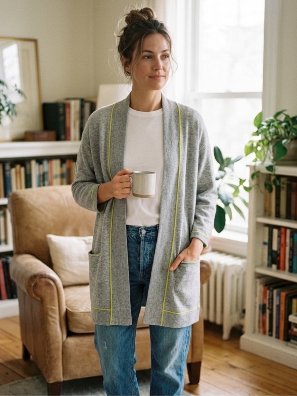 Magaschoni 100% Cashmere Grey Cozy Open-Front Cardigan with Contrast Trim